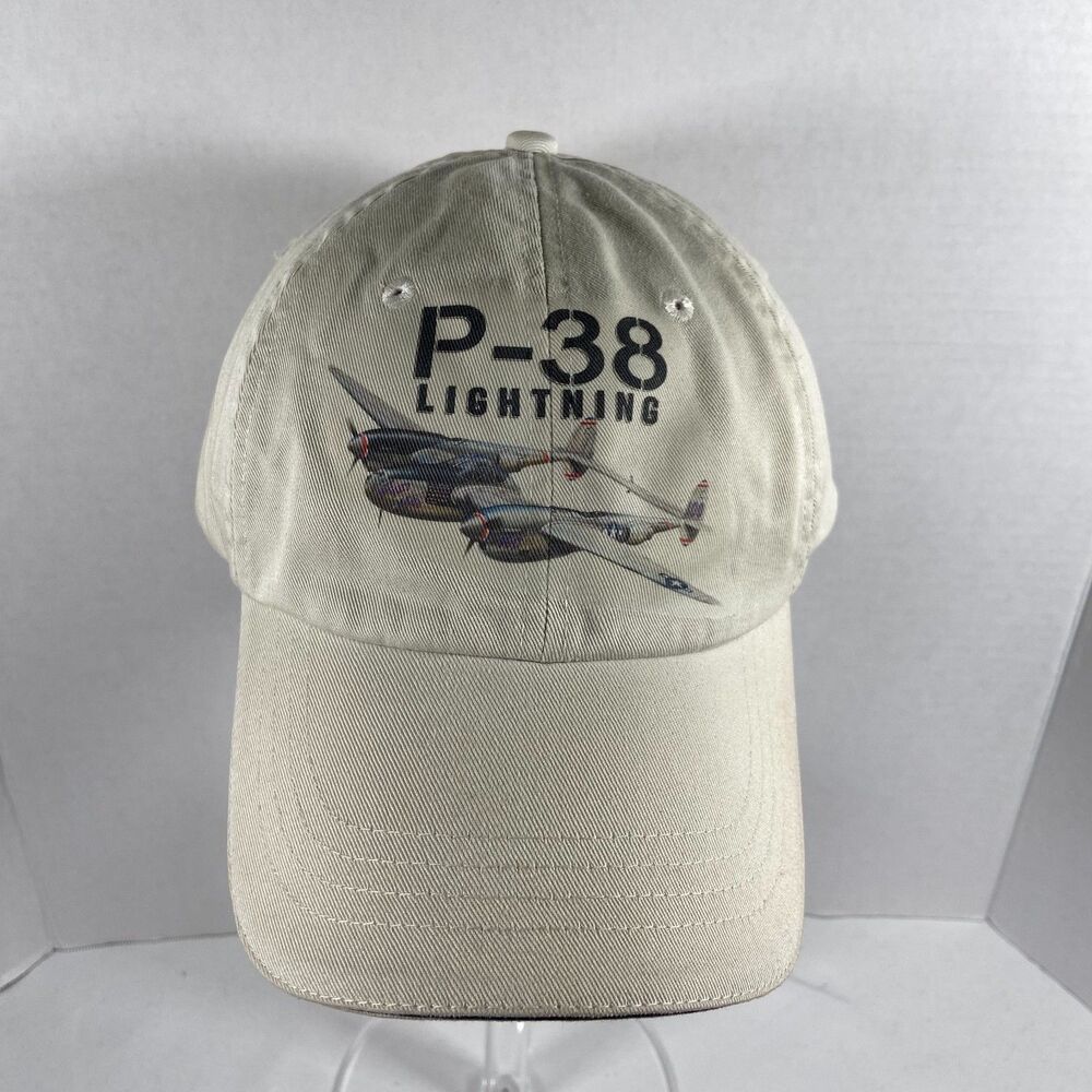 P-38 Lightning Airplane Hat KC Caps Beige WWII Fighter Plane Strapback Cap